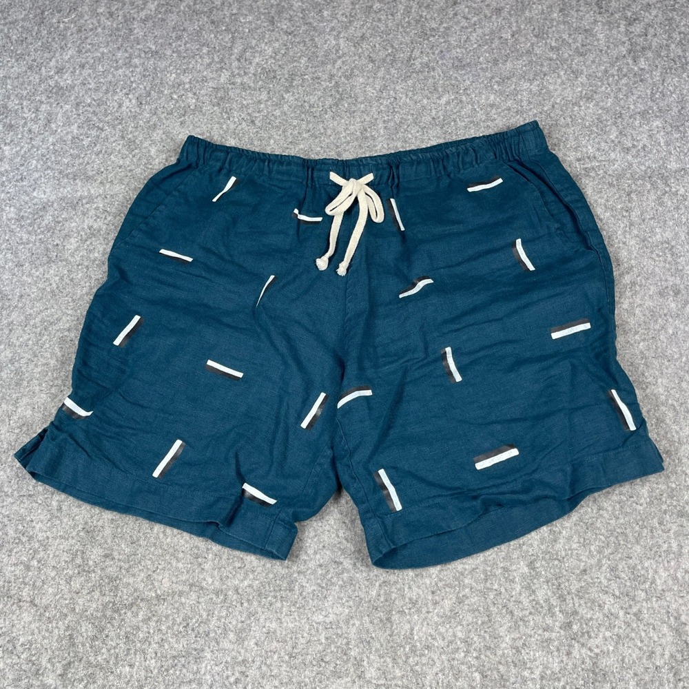 Alex Crane Bo Shorts Mens Large Teal Blue Linen Geometric Dash Print Drawstring